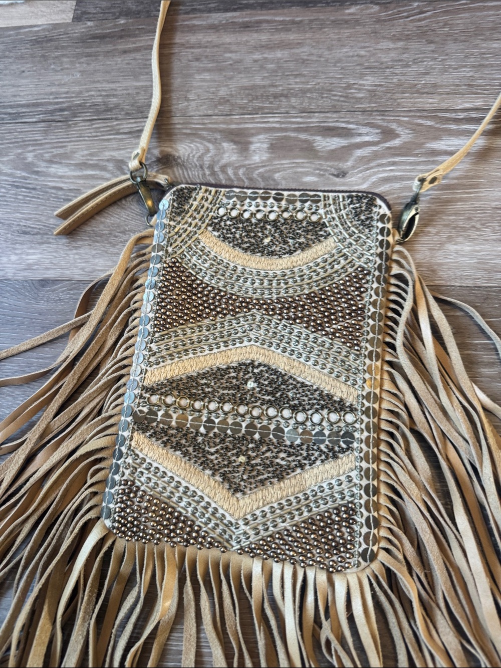 NWOT Cleobella Tan Fringe Embellished Leather Bag